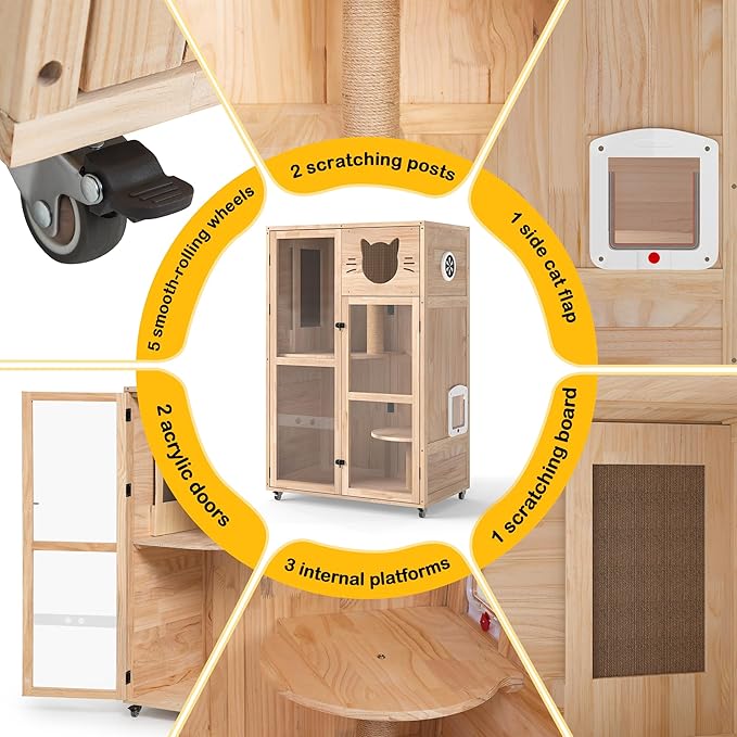 Large Wooden Cat House on Wheels, Indoor Cat Villa with Condo, Multi Platforms, Scratchers, Vent, Litter Box Area, Clear Doors, Cat Cage Enclosure for Kittens & Adult Cats (Natural Wood)