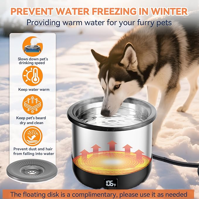 3.5L Heated Water Bowl, Stainless Steel Heated Dog Bowl with Digital Display and Adjustable Temperature, Heated Outdoor Pet Water Bowl Provides Warm Water for Dogs