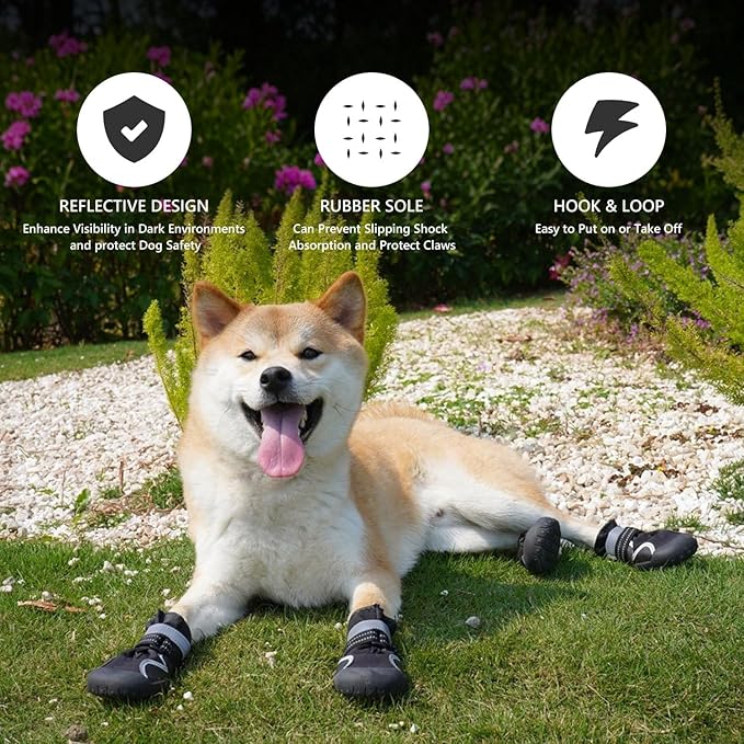 Dog Shoes Small Medium Large Size Dogs, Puppy Booties Paw Protector for Hot Pavement, Non-Slip Waterproof Rubber Reflective Strapped Boots (Black, Size 4#: (2.6 * 2.2) (L*W) for 31-40lbs)
