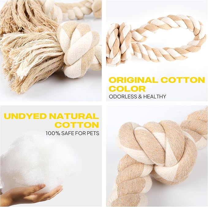 PetiFine Dog Rope Toys for Large/Medium Dogs, Chew Toys for Aggressive Chewers, Natural Cotton 3 Knots Interactive Tug of War Dog Pull Rope, Teeth Cleaning