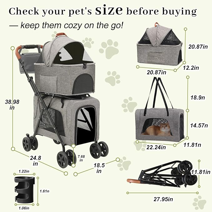 Double Pet Stroller with Detachable Carriers, Dog Stroller for Medium Dogs 20 lb, Foldable Dog Stroller for 2 Dogs,Easy Assembly Cat Stroller for 2 Cats with Cup Holder and Storage Bag for All-Terrain