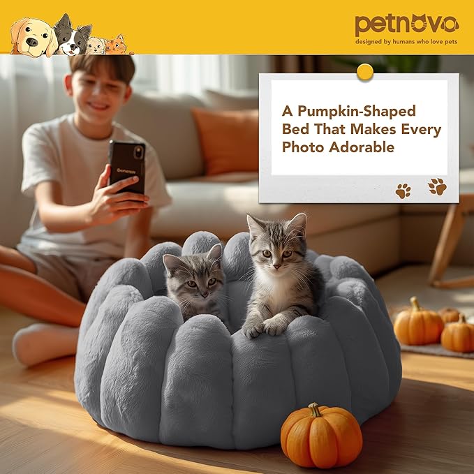 PETNOVO Pumpkin Calming Cat Bed,Plush Donut Cuddler with High Bolster,Ultra Soft Bunny Plush,Oeko‑TEX,Non-Slip Pet Nest,for Indoor Cats up to 13 lbs & Small Dogs,20Lx20Wx12H Inch,Grey
