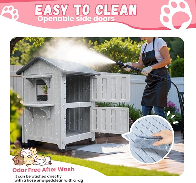 Plastic 2 Story Outdoor Cat House with Soft Mat,Cat House for Outdoor Cats with Escape Door, Waterproof Outside Cat Shelter, Clean and Assemble Easily