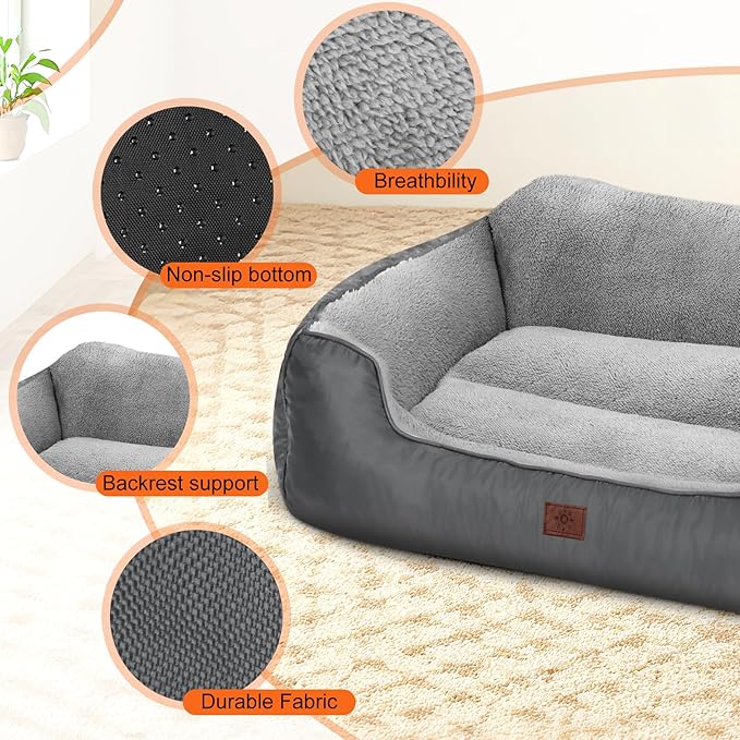Dog Bed for Large Dogs, XL Dog Bed Soft Comfortable Pet Bed Washable, Rectangle Pet Sofa with Anti-Slip Bottom, 37”x30”x8”, Grey