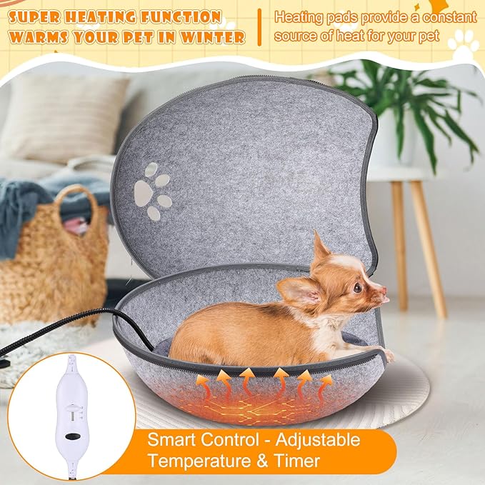 Heated Cat Bed, Indoor Heated Cat Cave, Warmer Thermal Pet Bed with Removable Waterproof Heater for Kitty Small Dogs Gray(19.7X 17.8 x 13 Inches)