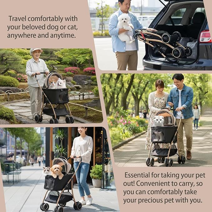MILA&LOUIS Pet Stroller with 4 Pu Wheels, 4.5kg Ultra-Light Dog&Cat Stroller for Multiple Small Pets & Medium, Max 44Lbs Capacity Detachable & Foldable Design with Cup Holder Ideal for Walks and Trips