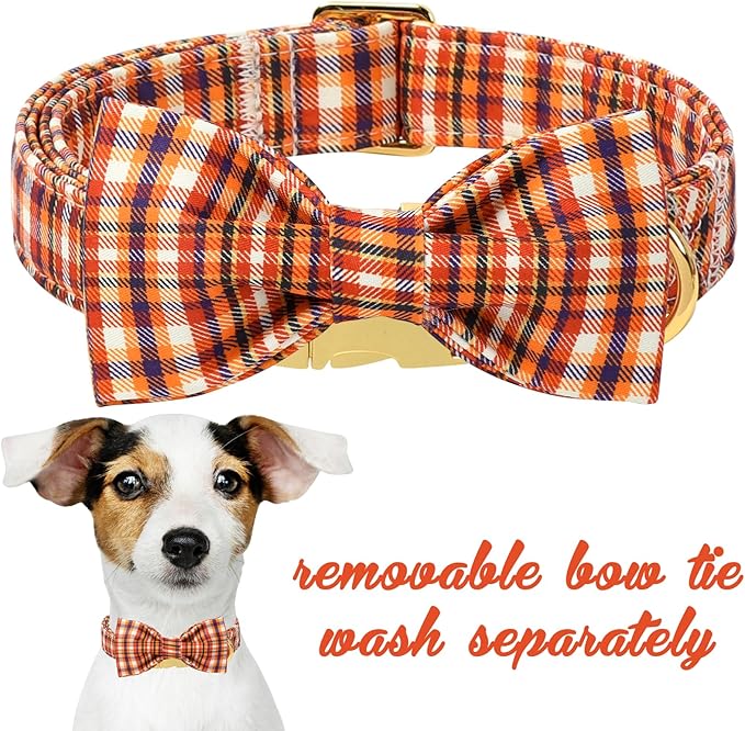 Unique style paws Cotton Dog Collar with Bow Autumn Puppy Collar with Colorful Orange Grid for Small Medium Large Boys Girls Dogs