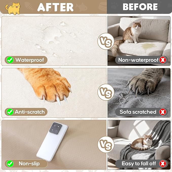 Loiion Cat Scratch Furniture Protector - Ultra Soft, Waterproof Sofa Cover to Keep Cats Off, Pet-Friendly Couch Protectors for Love Seat, Anti-Slip Couch Cover for Pets and Kids 118"X71" Beige