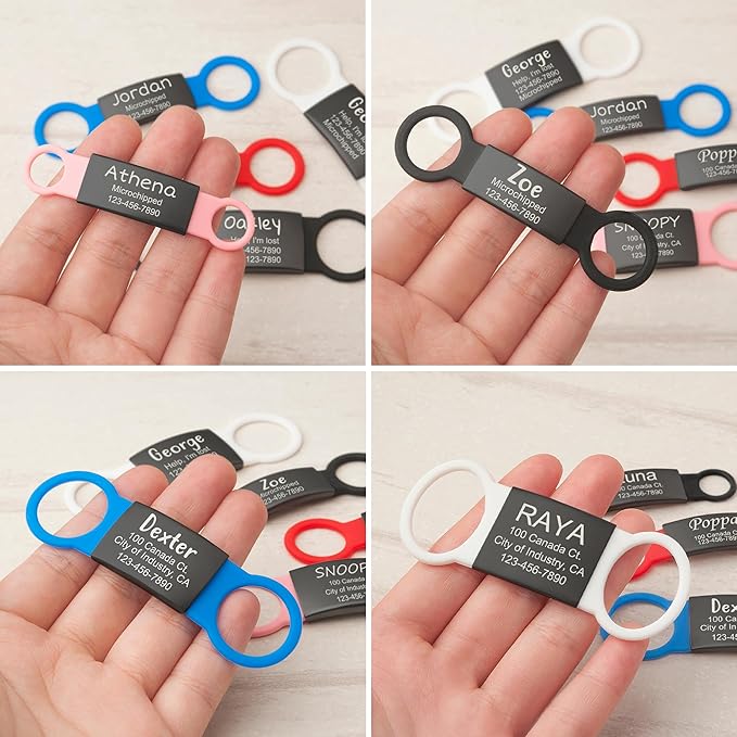 Anavia Slide On Silent Pet ID Tags, S/M/L/XL Personalized Black Stainless Steel Colored Silicone Cat Dog Name Tag, Customized Engraved Nameplate, Quiet Chew-Proof Pet Collar Tag (Blue, X-Large)