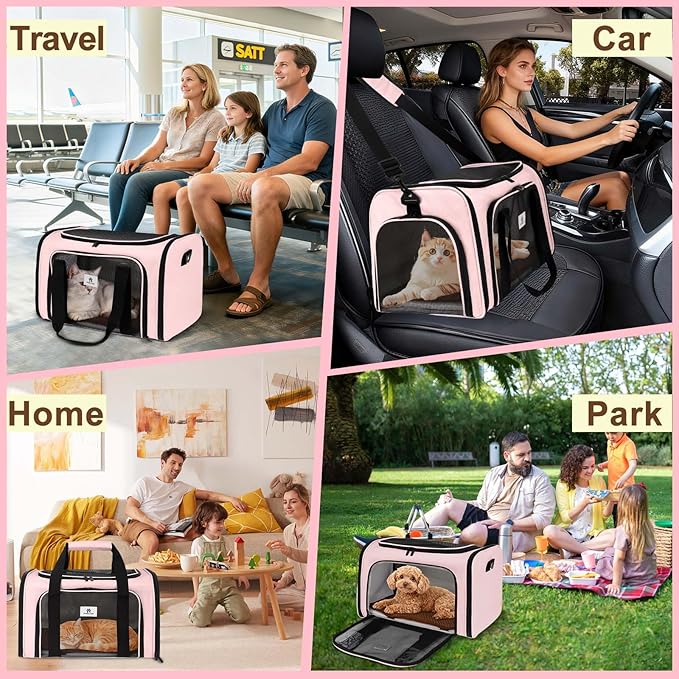 DSDCDJ Cat Carrier Dog Carrier - Soft-Sided Cat Carrier with Plush Pad & Cooling Mat, Easy-Load 4-Side Zipper & 3-Side Mesh Ventilation, Pet Carrier Airline Approved for Cats/Dogs Up to 20 lbs, Pink