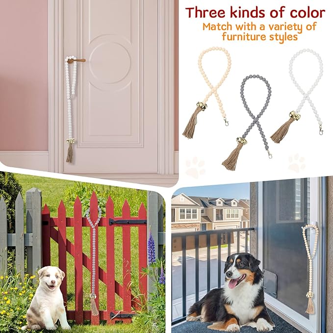 Patelai 3 Pcs Dog Bell for Door Potty Training Decorative Hanging Dog Door Bells Wooden Beads Adjustable Small Puppy Supplies for Pets Puppies Potty Training Accessories, 3 Colors