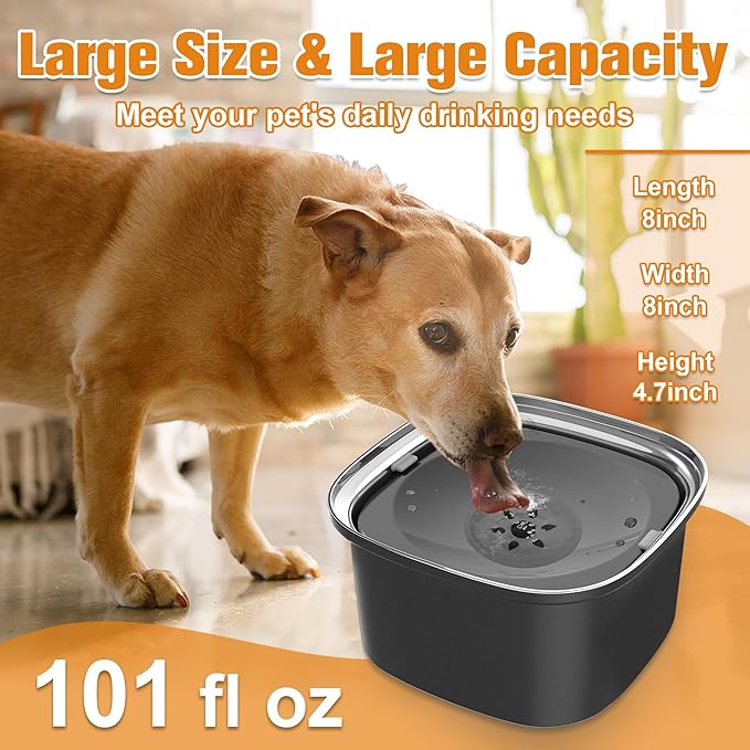 Decflow Stainless Steel Slow Drinking Dog Bowl with Lid - 3L Travel Pet Water Dispenser, Black