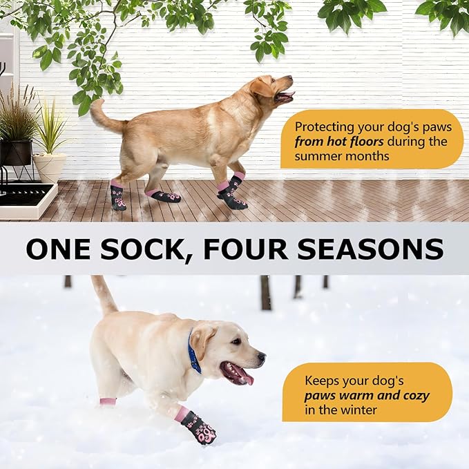 Anti Slip Dog Socks to Prevent Licking Paws - Double Side Dogs Paw Grip Sock for Hardwood Floors, No Twist Dog Booties Grippy Socks for Small Medium Large Senior Dogs, Dark Grey and Pink, XL