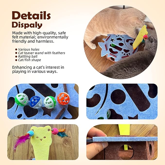 Interactive Felt Cat Maze Box with Cartoon Cat-Shaped Post, Fish-Shaped Puzzle ExerciseHide Seek Moving Toy for Cats, Mental Enrichment Self-Play Toy Encourages Hunting Instincts with 4 Balls