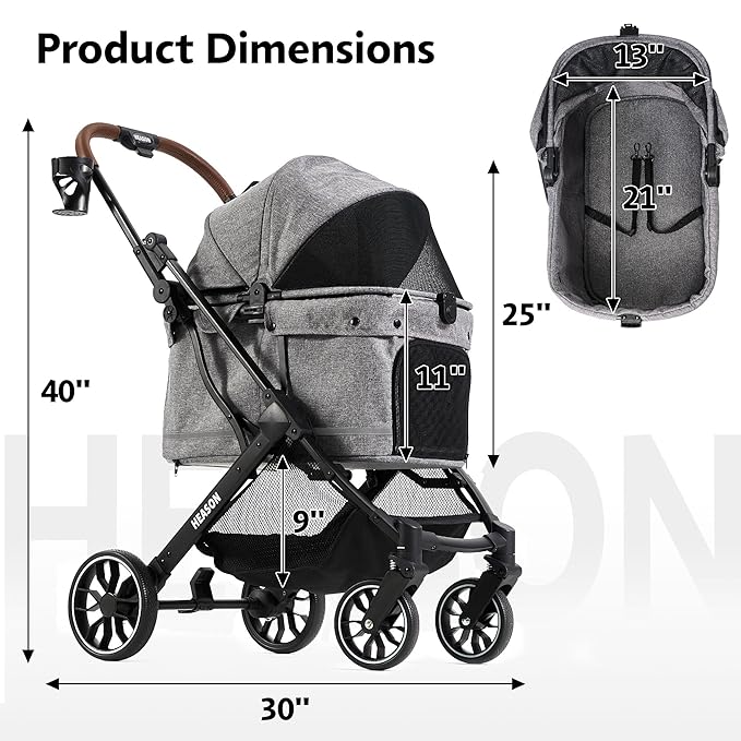 Dog Stroller with Waterproof Rain Cover, Heavy-Duty All-Terrain 4-Wheel Pet Stroller with Adjustable Sunshade Canopy, Foldable Travel Dog Strollers for Small/Medium Dogs Up to 121 lbs