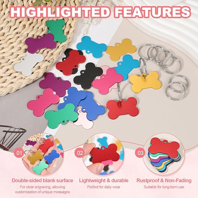 Pet ID Tags, Personalized Dog Cat Tag Stainless Steel Aluminum Bone Shape Engraved Blank with Key Ring 38x25mm, (Multicolor, 10 Pcs), Intended for Dog/Cat/Name/Pendant Crafts