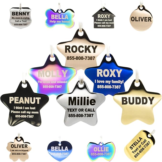 Engraved Dog Tags Personalized - Stainless Steel Engraved Dog Cat ID Tags Front & Back up to 8 Lines of Text Color Plating Gold, Rose Gold, Blue, Black, Nebula Star Regular