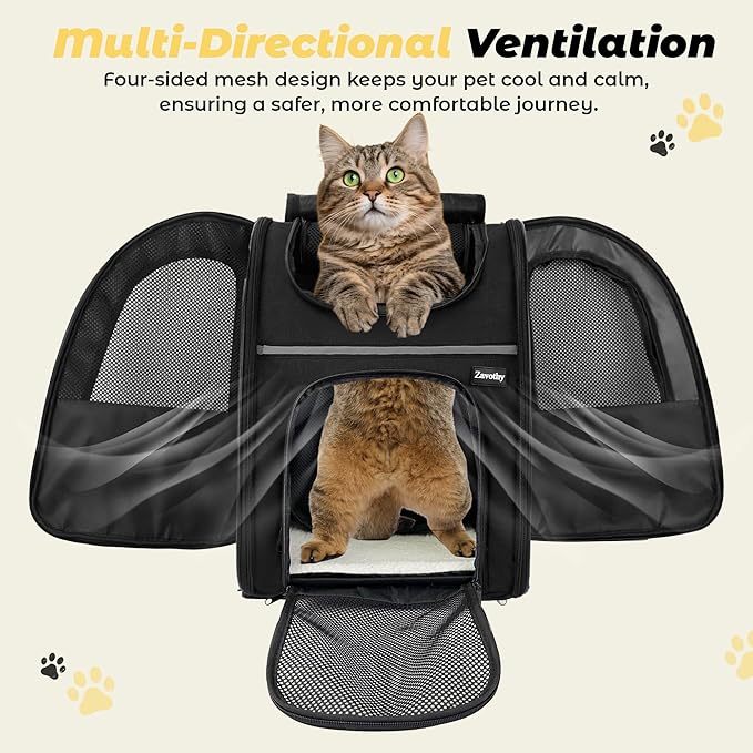 Zavothy Expandable Pet Backpack Carrier for Small Cats & Dogs, Airline Approved Travel Bag with Mesh Windows, Expandable Space, Padded Bottom, Foldable Design Black
