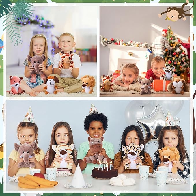 Skylety 12 Pcs Mini Safari Stuff Animal 3.9 Inch Cute Jungle Stuffed Animal Lion Rabbit Owl Hedgehog Monkey Tiger Zebra Elephant Leopard Hippopotamus Rhinoceros for Teacher Student Valentine Favors