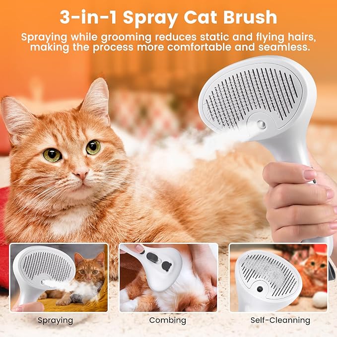 4 in 1 Cat Steam Brush, Rechargeable Pet Spray Hair Removal Comb, Self Cleaning Pet Brush for Indoor Long & Short Haired Pets, Cat Brushes for Shedding, Grooming, Cleaning and Massage