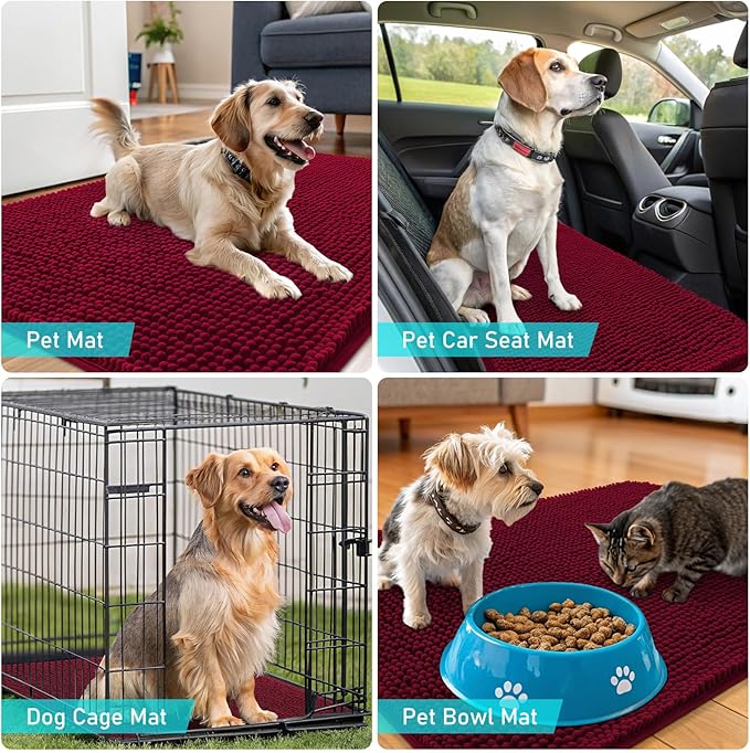 OLANLY Dog Door Mat for Muddy Paws 30x20, Absorbs Moisture and Dirt, Absorbent Non-Slip Washable Doormat, Quick Dry Chenille Mud Mat for Dogs, Entry Indoor Entryway Carpet for Inside Floor, Burgundy