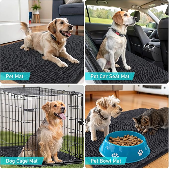 OLANLY Dog Door Mat for Muddy Paws 54x24, Absorbs Moisture and Dirt, Absorbent Non-Slip Washable Doormat, Quick Dry Chenille Mud Mat for Dogs, Entry Indoor Entryway Carpet for Inside Floor, Dark Grey
