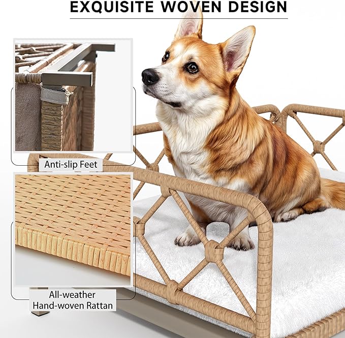 Dog Bed with Cushion, Cooling Elevated Raised Beds with Rattan Breathable Mesh and Universal Mat, Indoor & Outdoor Pet Cots for Small Dog, Sand