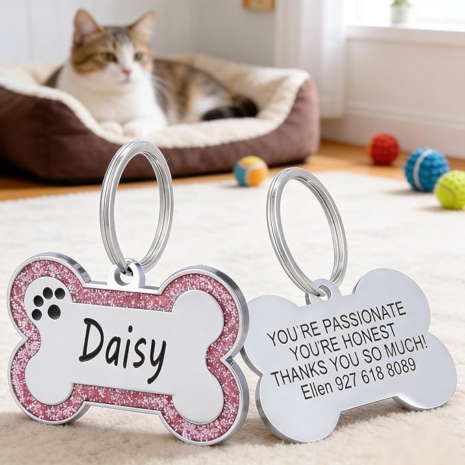 Personalized Dog Tags - Stainless Steel Deep Engraved Glitter Bone Shape Pet ID Tag, Double Sided Custom Text, Lightweight Durable Cat Dog Name Tag (Pink, L)