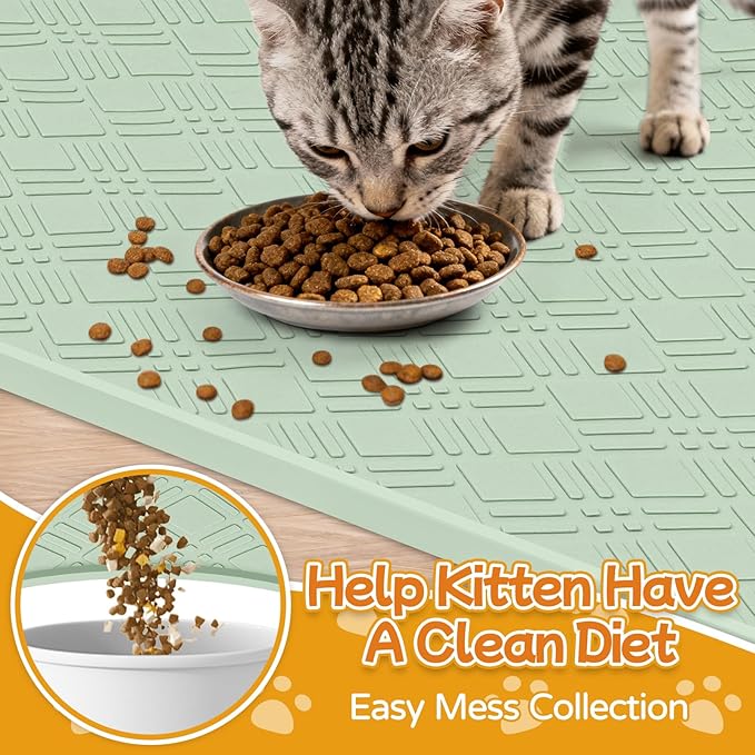 Lanstics Cat Food Mat, 42" x 29" Large Silicone Mat Cat Feeding Mat with Raised Edge Non-Slip Pet Feeding Mat for Food and Water Bowl, Easy to Clean, Floor Protection (Light Green)