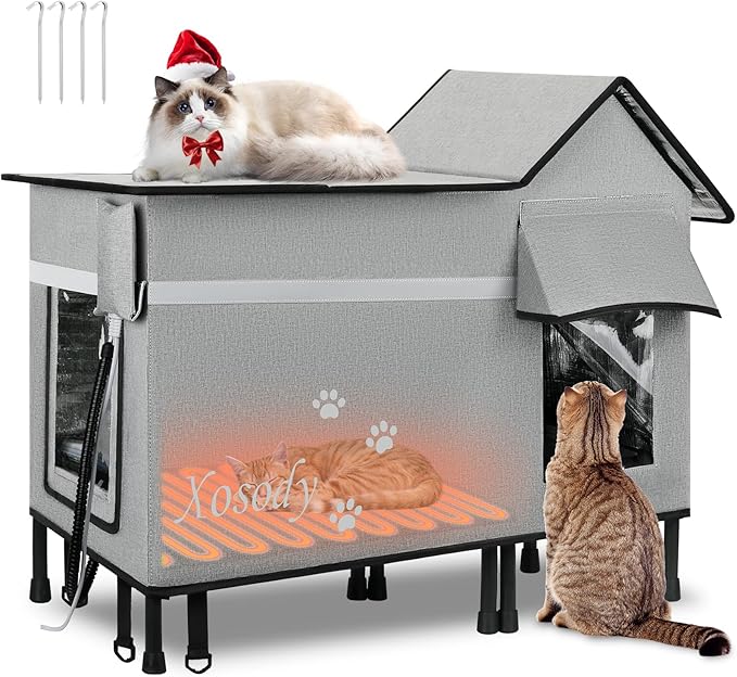 Heated Cat House for Outside Cats- 100% Weatherproof Insulated Outdoor Cat House with Heating Pad, Elevated Base & Safe Escape Door, Warm Kitty Shelter for Feral or Stray Cats in Winter