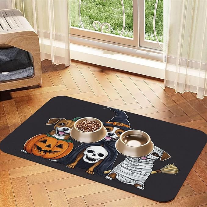 Dog Food Mat for Floors Absorbent,Quick Dry Cat Pet Feeding Placemats with Non Slip Rubber for Dog Food and Water Bowl, Pet Supplies for Dogs, Cats(30x45cm,Cute Puppy Dog with Pumpkin)