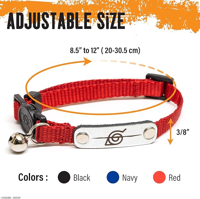 Naruto Breakaway Cat Collars for Girl & Boy Cats | Officially Licensed Naruto Shippuden Hidden Leaf Village Pet Accessories & Gifts, (8.5” to12”) Adjustable Cute Kitten Collar with Bell (Red, Rogue)