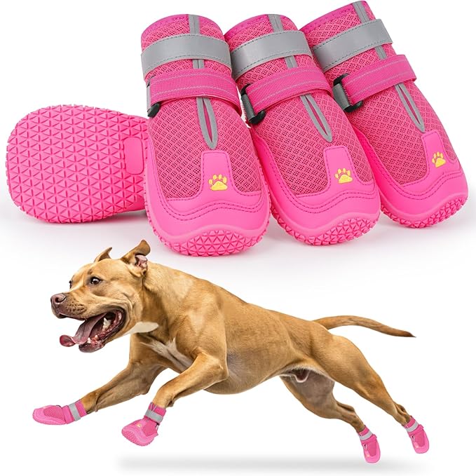 LUCKYPAW Dog Shoes for Large Medium Dogs, Breathable Dog Boots for Hot Pavement, Paw Protectors for Summer Walking Hiking Winter Snow Outdoor, No Slip Reflective Booties for Hardwood Floor-Hot Pink, 5