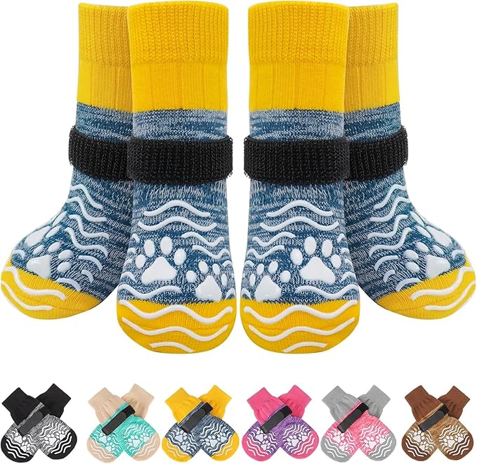 PUPTECK Anti Slip Dog Socks, Shoes with Grippers to Prevent Licking Hardwood Floors Traction, Rubber Boots & Paw Protectors for Small Medium Large Dogs Cold/Hot Pavement, Senior Dogs Booties Blue