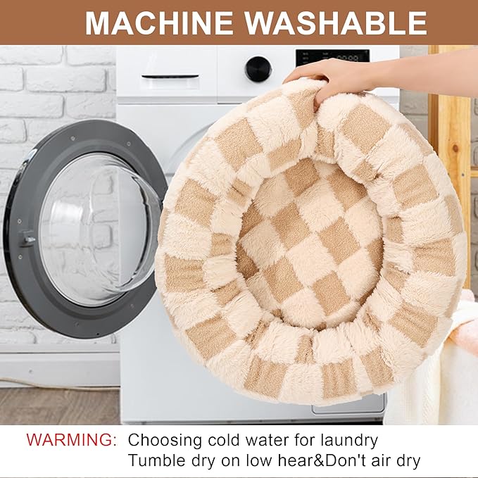 Dog Calming Beds for Small Medium Large Dogs - Round Donut Washable Puppy Dog Bed, Anti-Slip Faux Fur Fluffy Donut Cuddle Anxiety Cat Pet Bed (28" Grid)