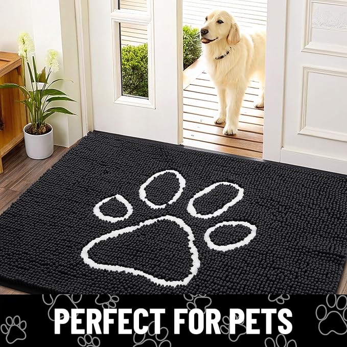 Smiry Dog Door Mat for Muddy Paws, Absorbent Dirt Trapper Non Slip Quick Dry Washable Chenille Mat for Mud Dogs, Entry Rug for Indoor and Outdoor (36x24 Inches, Black and White)