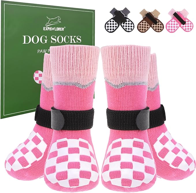 EXPAWLORER Dog Socks to Prevent Licking Paws with Grippers for Hardwood Floors Anti Slip, Reflective Dog Cold Winter Shoes Booties Boots & Paw Protectors with for Small Medium Large Senior Dogs XL