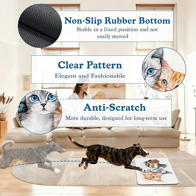 Cute Cats Pet Food Mat for Cats and Dogs–Christmas Stocking Absorbent Quick Dry Feeding Placemat, Non Slip Rubber Base, Waterproof Bowl Mat for Indoor Use, Pet Supplies 16"x24"