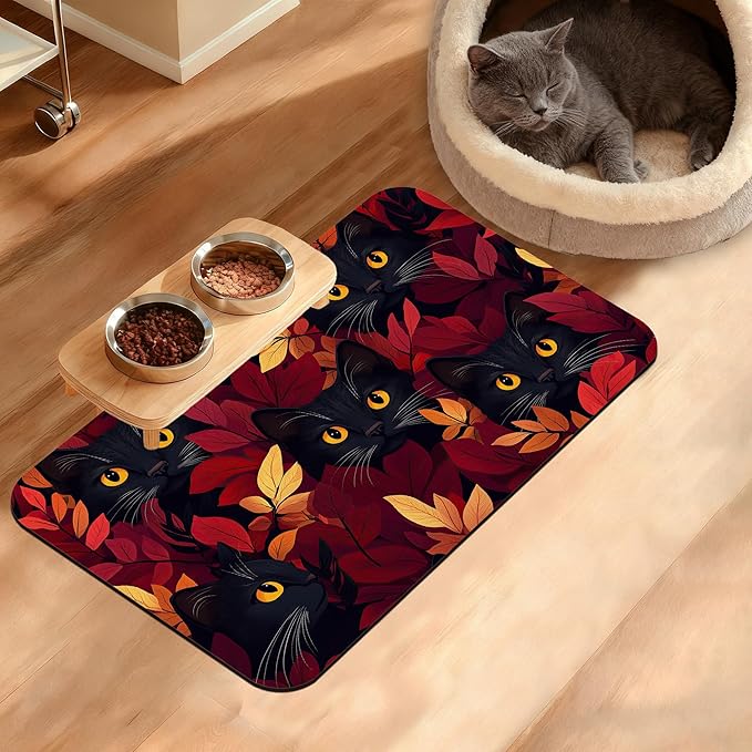 Dog Bowl Mat,Black Cat Pet Feeding Mat for Floors Waterproof,Forest Red Absorbent Dogs Placemat for Food and Water Quick Dry Pet Cat Feeding Mats with Non Slip Bottom 12" x 20"