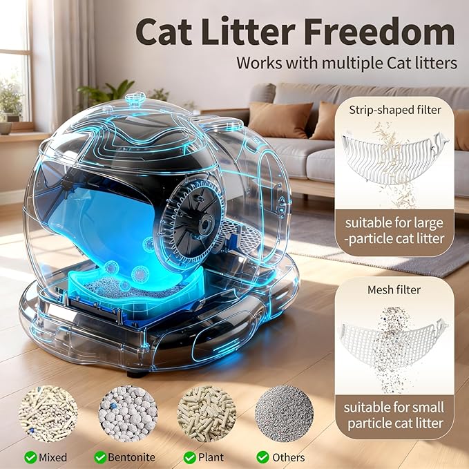 Automatic Cat Litter Box for Multiple Cats, Large Capacity Detachable Top Self-Cleaning Litter Box with App Control & AI Camera Monitoring, Odor Control, Safety Sensors, Black