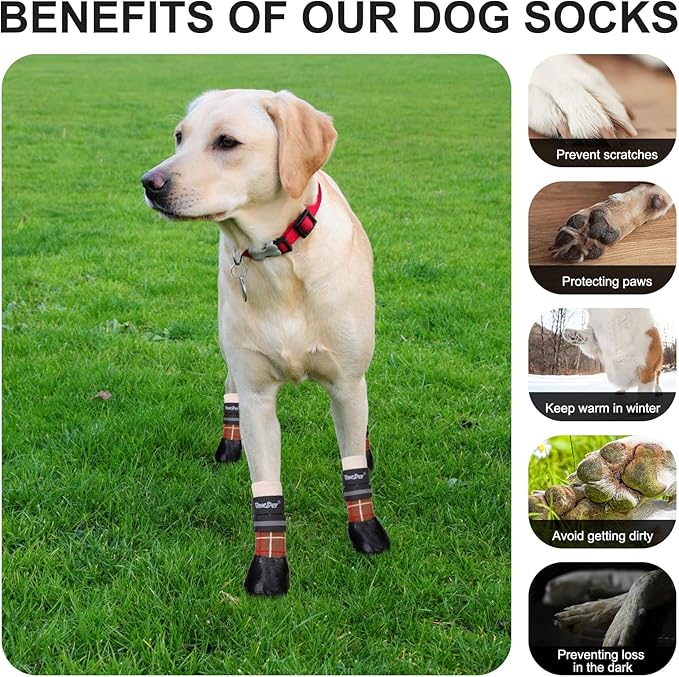 BINGPET Anti-Slip Dog Socks for Hardwood Floors,Injury Prevent Licking Dog Booties,Traction Control Paw Protector Dog Shoes for Hot Pavement with Reflective Straps for Small Medium Large Dogs