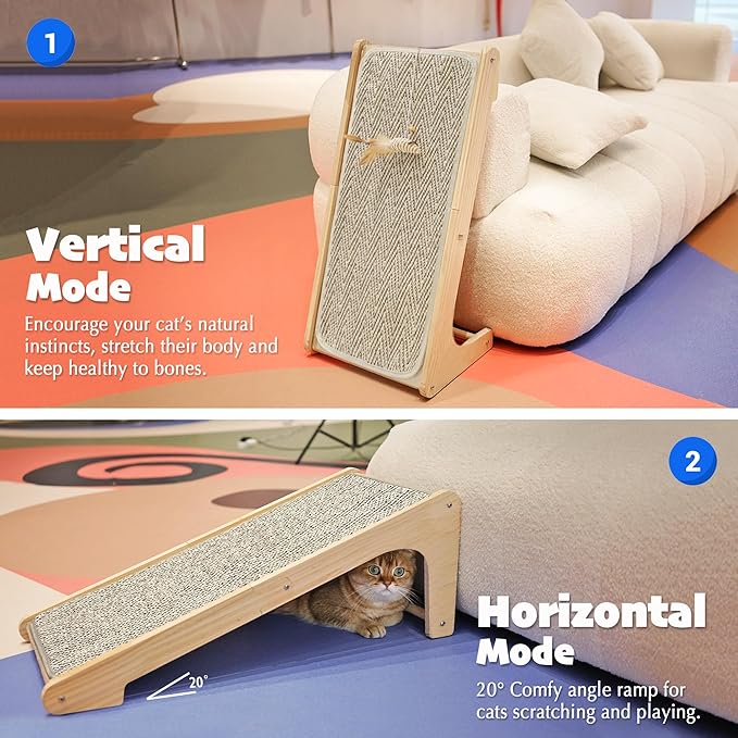 PETKARAY L Shape Cat Scratcher, Sisal Scratching Ramp, Chevron Scratching Pad for Indoor Cats, 27" Wall Furniture Protector with Mouse Toy