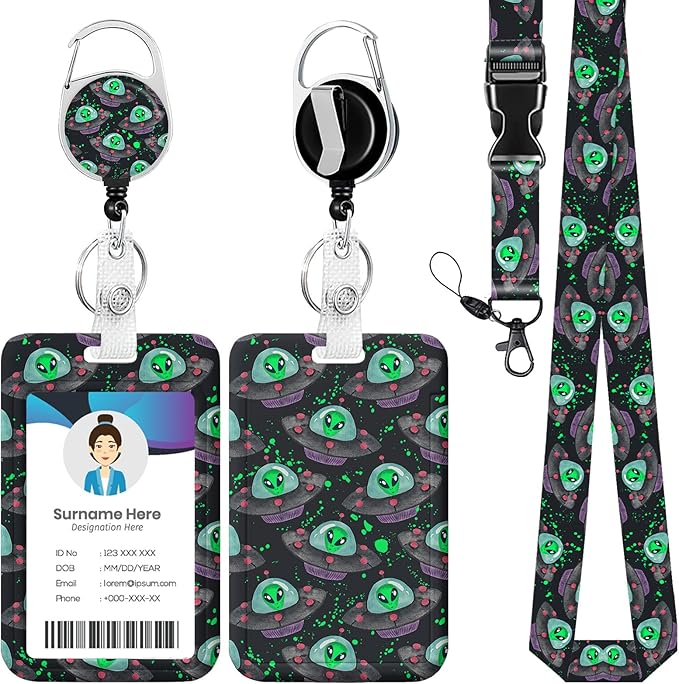 Cute Alien Spaceship ID Badge Holder with Lanyard, Retractable Lanyards for ID Badges Name Tag Clips, Funny Nurse Teacher Office Student Gift
