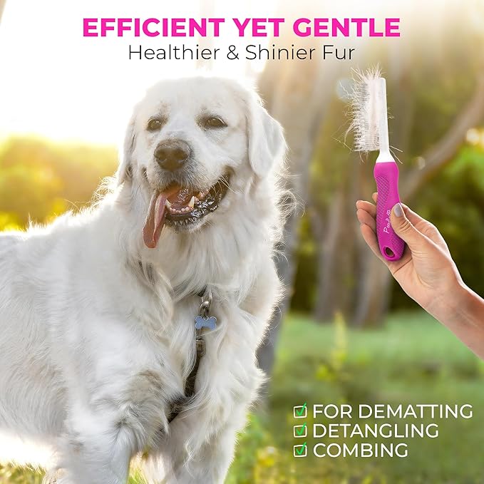 Poodle Pet Bundle - Dematting Fur Rake Comb Brush Tool with Steel Safety Blades and Detangling Pet Comb with Long + Short Stainless Steel Teeth for Detangling Matted or Knotted Undercoat Hair (Pink)