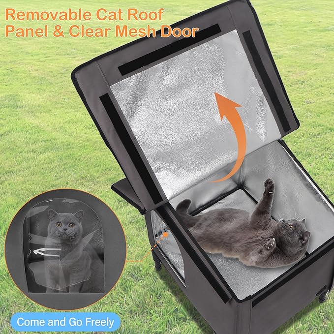 Weatherproof Heated Cat House - Outdoor Cat House with Heating Pad Bed,Insulated Cat House Elevated Outdoor Feral Cats Shelter with Soft Mat for Outside/Indoor Cats (Heat Gray)