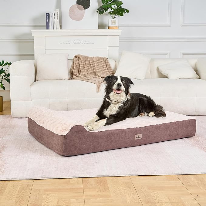 Jumbo Orthopedic Dog Bed - 7-inch Thick Memory Foam Pet Bed with Pillow Removable Cover Free Waterproof Liner - for Large Dogs (Khaki (Textured Plush), 50''L x 34''W x 10''Th I Extra Large)