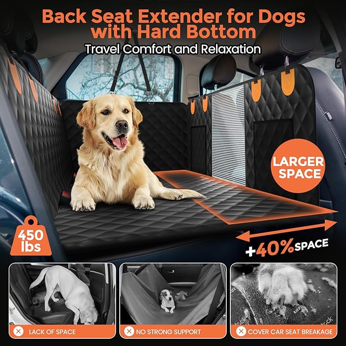 Dog Seat Cover for Back Seat - Hard Bottom Car Seat Cover for Dogs Holds 500 lbs,Waterproof Back Seat Extender for Dogs,Scratch-Proof Anti-Slip Dog Hammock for Car SUV Small Truck, Black