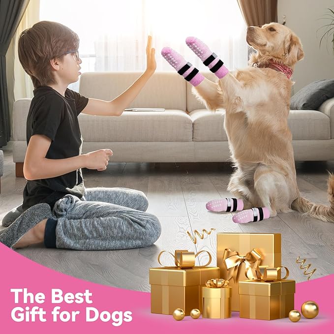Non Slip Dog Socks to Prevent Licking Paws - for Hardwood Floors Anti Slip - Grippy Socks for Senior Dog - Double Elastic Reflective Straps Prevent Scratching for Hot Pavement. (Pink, L)