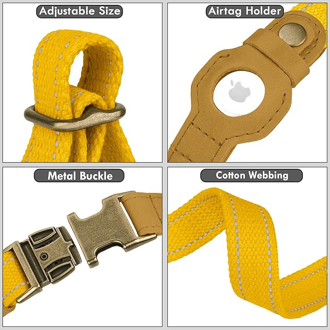 Reflective Leather Dog Collar with AirTag Holder - Soft Apple Airtag Dog Collar with Metal Buckle - Safety Cotton Pet Collars for Dogs Small Large Dogs Puppy (Yellow, S, 12"-15")