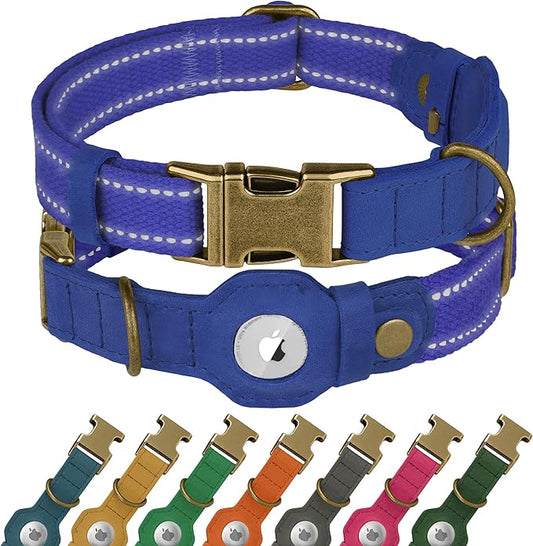 Reflective Leather Dog Collar with AirTag Holder - Soft Apple Airtag Dog Collar with Metal Buckle - Safety Cotton Pet Collars for Dogs Small Large Dogs Puppy (Blue, XS, 9"-12")